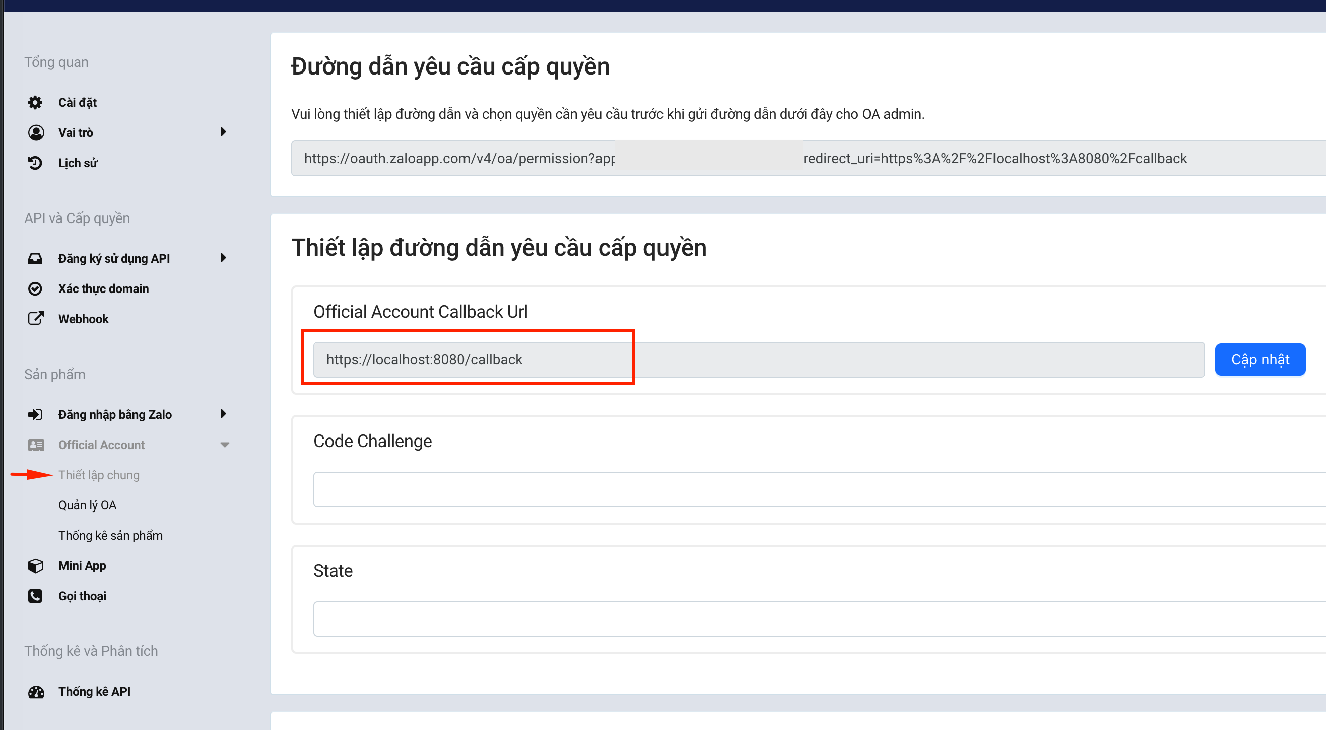 Thiết lập Callback URL