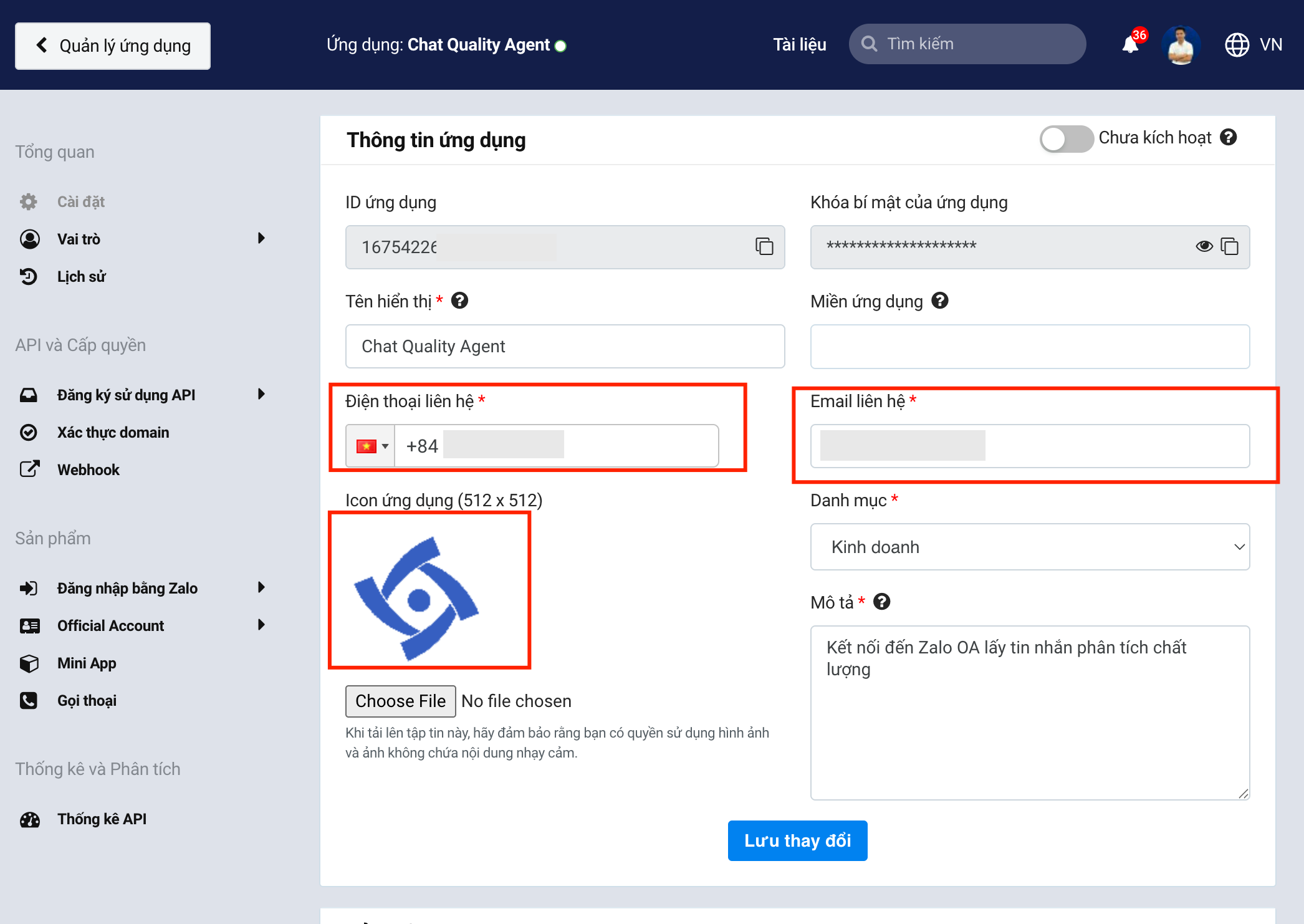 Điền thông tin ứng dụng